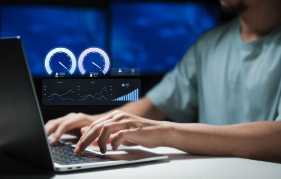 Super Fast internet connection speedtest bandwidth network technology, Man using Internet high speed by smartphone and laptop computer, 5G quality, speed optimization. performance, speed, test.