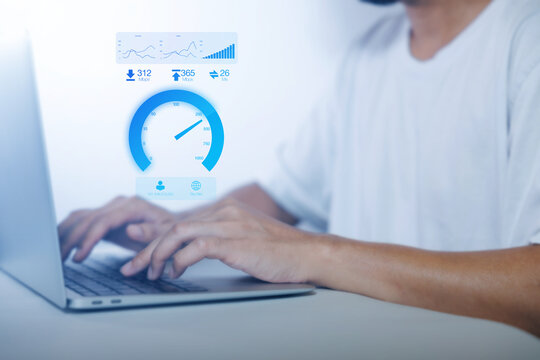 Super Fast internet connection speedtest bandwidth network technology, Man using Internet high speed by smartphone and laptop computer, 5G quality, speed optimization. performance, speed, test.