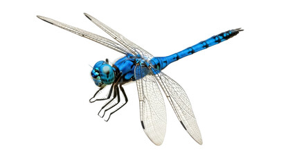 Isolated dragonfly close-up in vibrant blue color, wings open in mid-flight posture, no background