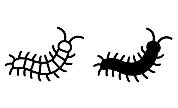 Icon, centipede illustration, black and white, outline and silhouette