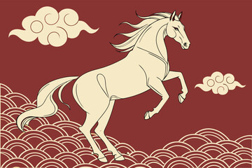 Oriental Japanese Festive Background with Golden Zodiac Horse
