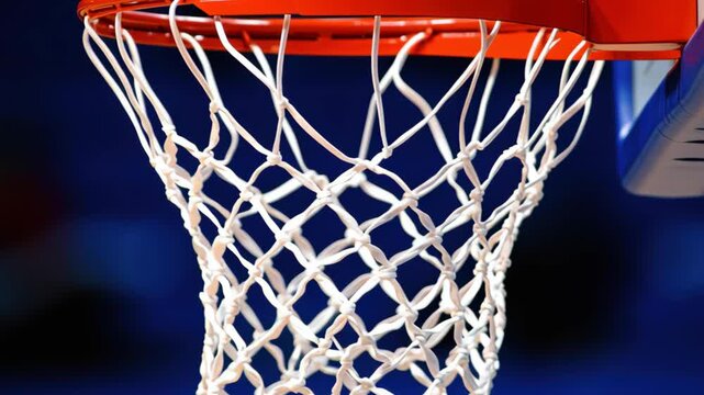 Basketball ball goes through net during game in indoor court
