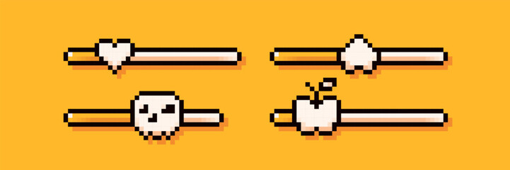 4 different loading yellow bars. Pixel art simple style. Heart, apple, skull and house icons.