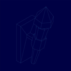 A blue background features a hanging torch wall sculpture with a geometric wireframe building model. The intricate 3D design is composed of various interconnected shapes and lines.