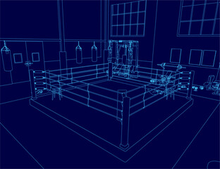 A blueprint-style contour drawing of a boxing ring inside a gym, featuring punching bags and windows against a deep blue background for training concepts.