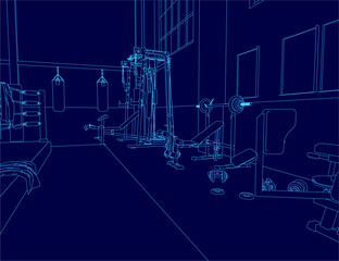 A detailed blueprint of a modern gym interior, featuring weight racks, cardio machines, and punching bags in precise contour lines against a clean blue background for training facility planning.