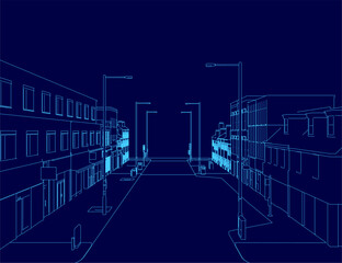 Fototapeta premium A blue contour line drawing depicts a quiet town street at night, flanked by buildings and illuminated by light poles.