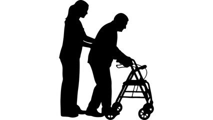 Caregiver assisting senior with walker with transparent background