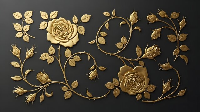 An intricate bas-relief pattern of golden rose vines and flowers on a dark surface
