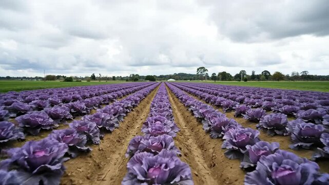 Purple cabbage rows stretch across a cloudy farm landscape.