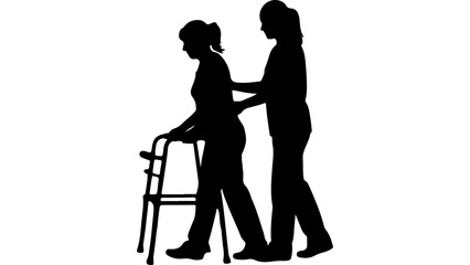 Elderly woman assisted by caregiver with transparent background