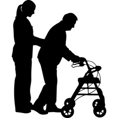 Caregiver assisting senior woman with walker with transparent background
