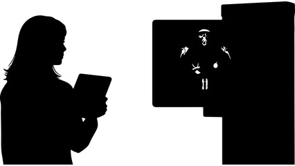 Woman using tablet with spooky face display