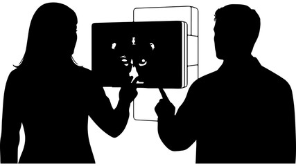 People interacting with digital screen with transparent background