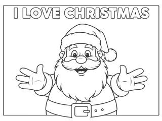 A black and white illustration of Santa Claus with his arms open wide, with the words 