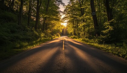 Obraz premium Sunlight streams down an asphalt road cutting through a dense, verdant forest landscape