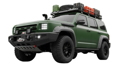 Isolated green overland SUV with accessories and roof rack, vehicle for outdoor adventure © Federica