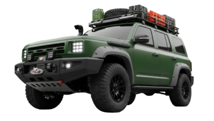 Isolated green overland SUV with accessories and roof rack, vehicle for outdoor adventure