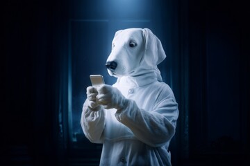 Adventurous night: dog clings to phone in darkness. Dog holds phone. Messages that help and harm: the duality of digital communication. Cute dog phone. Phone grip dog.