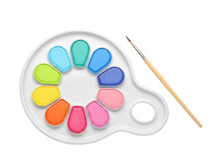 Isolated colorful watercolor paint palette with a small paintbrush for painting art crafts