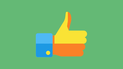 A stylized graphic illustration of a thumbs up gesture with a yellow hand, orange palm, and blue cuff on a solid green background.