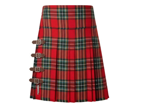 Isolated tartan kilt with brown leather straps, traditional Scottish garment for special occasion