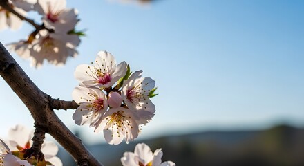 Delicate white almond blossoms blooming on tree branches under a clear blue sky, illuminated by bright sunlight for a spring awakening concept and new growth