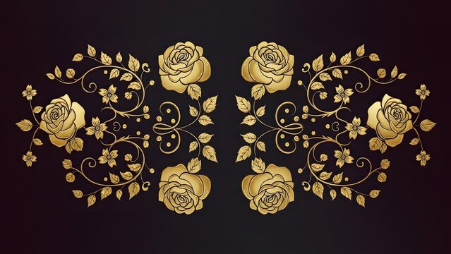 An elaborate and luxurious symmetrical pattern featuring golden rose blossoms and intricate vines