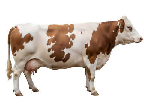 Isolated Simmental cow, standing in side view, mammal with brown spots on its white body