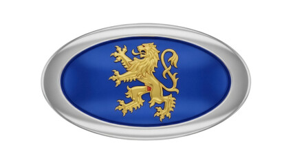 Isolated royal lion badge, emblem, coat of arms in silver frame on dark blue, heraldic symbol