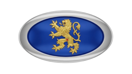 Isolated royal lion badge, emblem, coat of arms in silver frame on dark blue, heraldic symbol