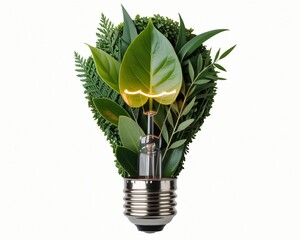 A clear lightbulb is filled with lush green leaves and a glowing filament.
