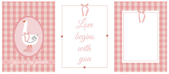 A set of cute pink cards with bows and a funny goose on a checkered background
