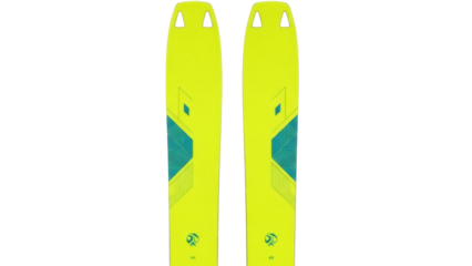 Isolated pair of new skis with yellow and blue design for alpine winter sports activity