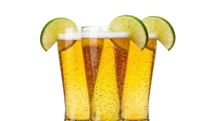 Isolated three frosty beers with lime slices perfect for refreshing summer time drinks