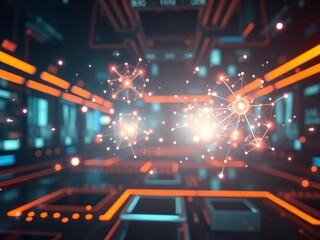 Futuristic Network Visualization with Glowing Connections and Neon Lights in Dark Cyberpunk Environment