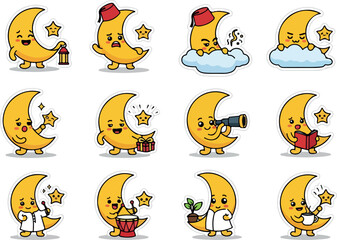 Naklejka premium Cute Moon Character Emoticons for Ramadan and Islamic Greetings