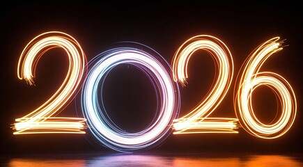 Vibrant 2026 Light Painting on Dark Reflective Surface