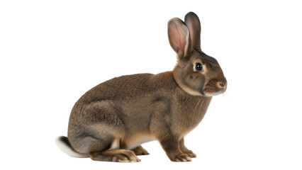 Isolated brown bunny rabbit sitting with alert ears in studio, domesticated pet animal