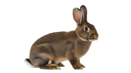 Isolated brown bunny rabbit sitting with alert ears in studio, domesticated pet animal