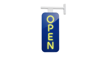 Isolated blue sign with word OPEN in yellow neon letters, business hours indicator