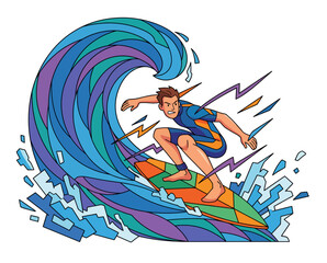 Dynamic Surfer Riding Vibrant Wave with Exaggerated Proportions in Flat Vector Illustration