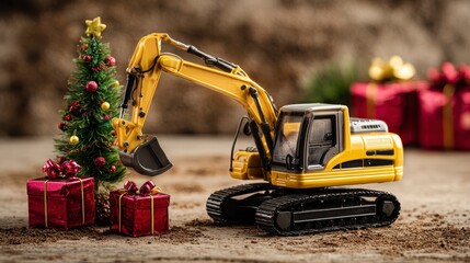 A miniature yellow construction vehicle beside a decorated evergreen tree and festive wrapped presents. The background shows hints of blurred gift boxes