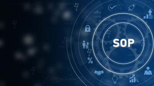 Standard Operating Procedure S O P business process flow chart with global network connections and icons for people money security communication and startup launch on digital with gears background