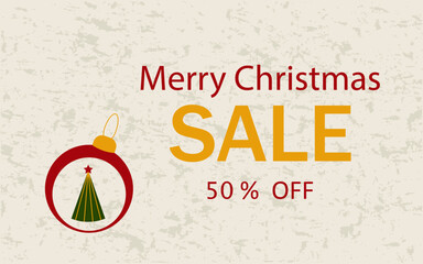 Horizontal Christmas background. Christmas tree and red ball. Merry Christmas text on a beige background. Vector illustration. Bright festive banner for sales and discounts. Rectangular flyer.