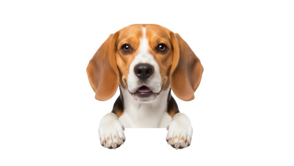 Isolated adorable Beagle dog head shot peering over imaginary surface looking at camera