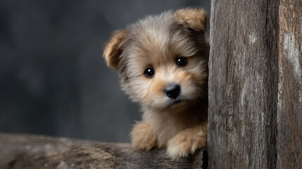 Cute puppy peeking from behind a wooden wall, portrait photography, high resolution, clear and sharp focus on the subject, studio lighting, dark background.
