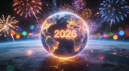 Global New Year 2026 Celebration with Illuminated Earth
