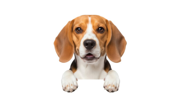 Isolated adorable Beagle dog head shot peering over imaginary surface looking at camera