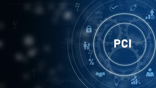 PCI business concept infographic with icons and with gears on dark blue background technology